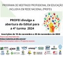 #ParaTodosetodasVerem: Descrição da imagem: card com fundo branco e detalhes em verde claro e azul. No canto direito, duas silhuetas coloridas com os braços erguidos, circulando as silhuetas, mãos coloridas em tamanhos diversos. No centro do card o título: PROFEI divulga a abertura do Edital para a quarta turma 2024. Abaixo, em letras pretas, as informações:
Inscrições de 10 de novembro a 30 de novembro. Em letras vermelhas: Faça sua inscrição em: https://seletivo.profei.com.br/
Na parte inferior do card, as logomarcas das instituições envolvidas.