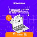 #ParaTodosetodasVerem:  Card quadrado na cor violeta e escritas em letras brancas. Na parte superior, a informação: Campanha de Educação em Direitos Humanos. UNESPAR Mais Inclusiva. No centro, a informação: Prevenção e combate às fake news, discurso de ódio e cyberbullying. Logo abaixo, a imagem de um laptop com uma lupa sobre o teclado e de notícias escritas sobre a tela, com destaque para a palavra "fake". Ao lado da tela, a palavra “cartilha” em destaque.  No rodapé da página, uma barra na cor laranja, com as logos do CEDH, PROPEDH e UNESPAR.