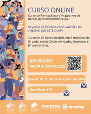 Cartaz vertical com fundo bege e detalhes em laranja, azul, roxo, branco e preto. À esquerda, há uma ilustração com várias pessoas segurando livros, folhas, cadernos e celulares. À direita, aparecem o título “Curso online”, informações sobre a formação para integrantes de Bancas de Heteroidentificação, número de vagas, carga horária, datas e horário. Um código QR está ao lado do período de inscrições. Na faixa inferior, estão as marcas Nera, CEDH, DDH, Propedh e Unespar.